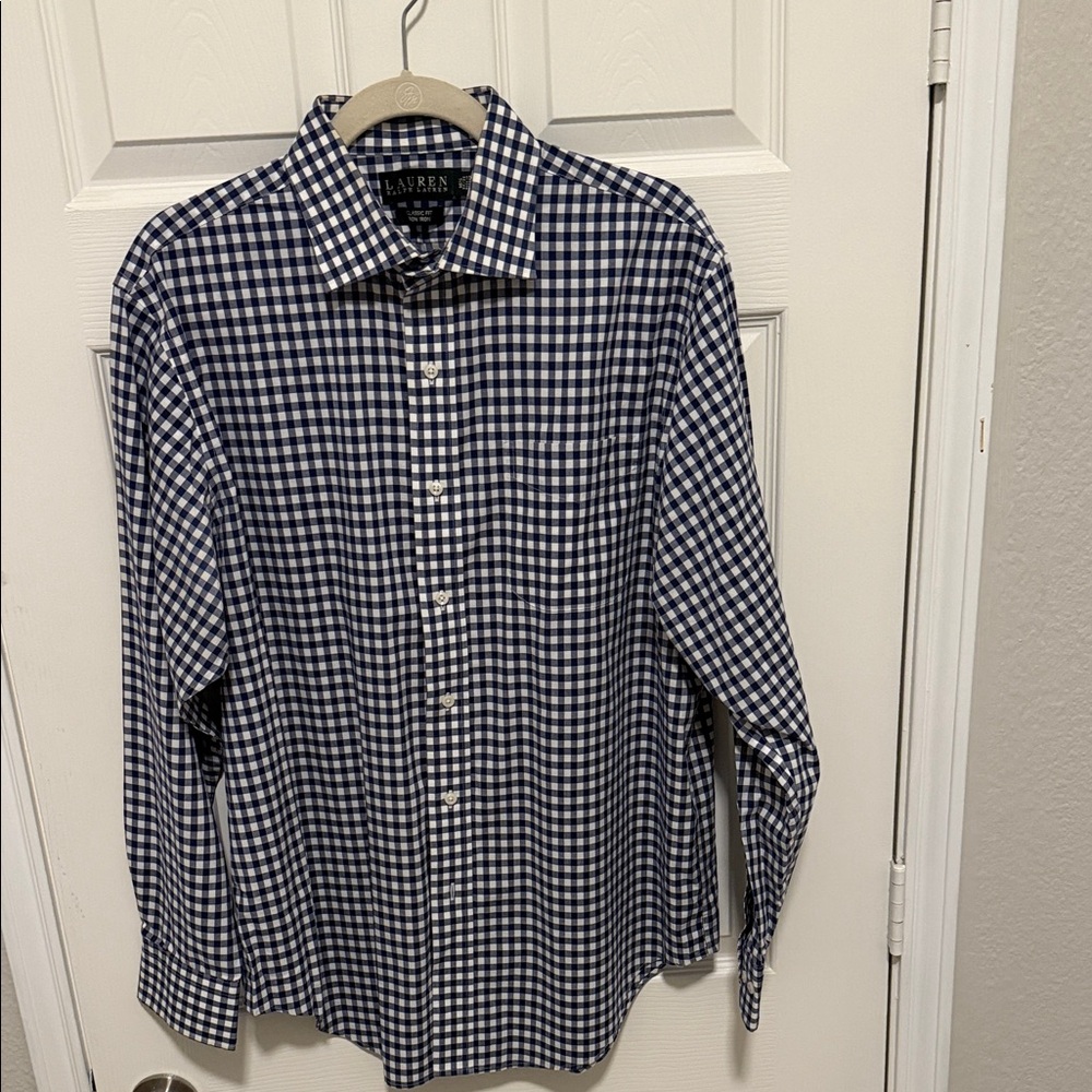 Lauren Ralph Lauren Men's Navy and White Classic Fit Gingham Shirt Sz 16.5